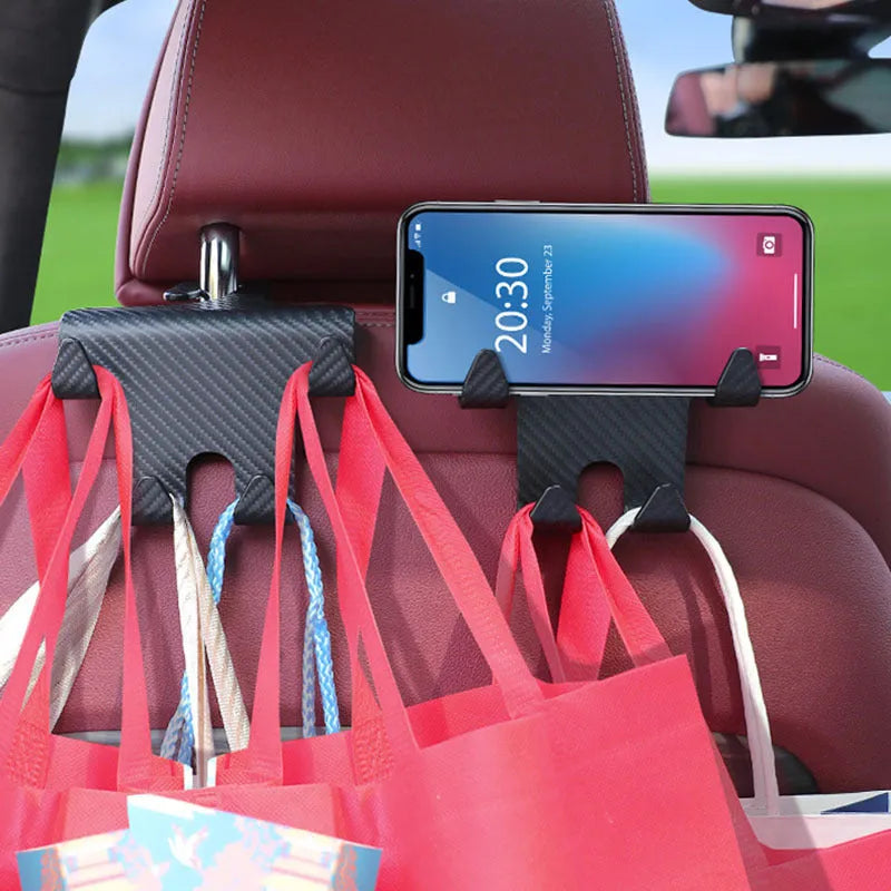 Black ABS car hook bracket with integrated mobile phone holder for rear seat organisation