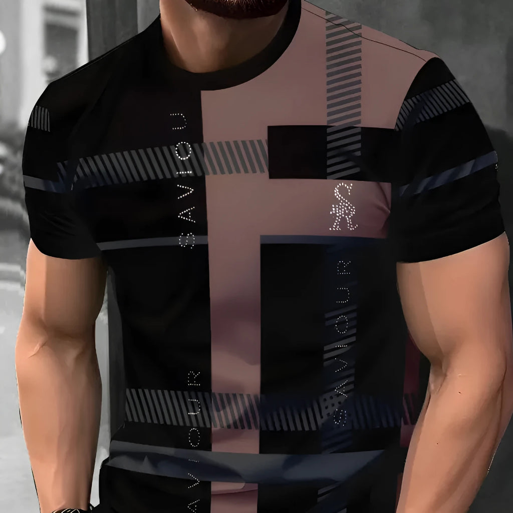 Men's loose short-sleeve T-shirt with digital 3D printed stripe pattern on polyester fabric.