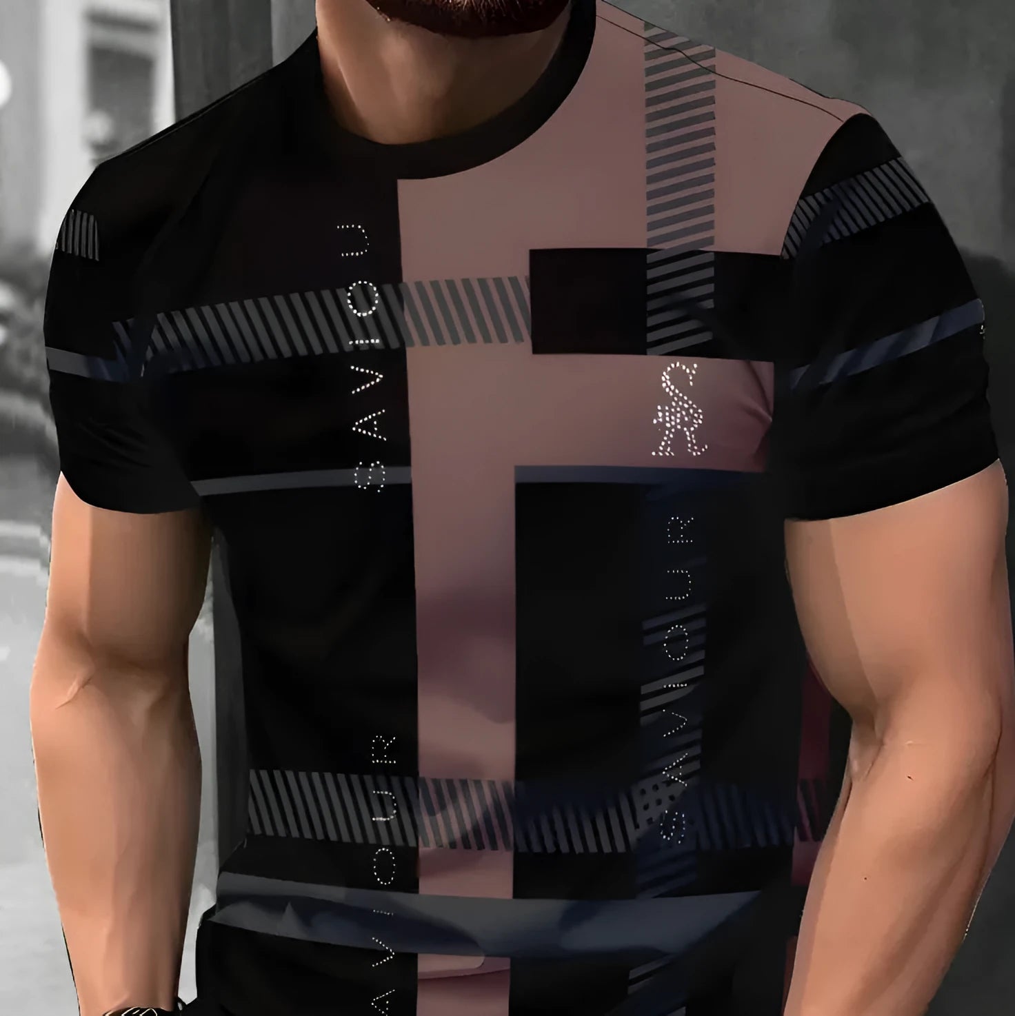 Men's loose short-sleeve T-shirt with digital 3D printed stripe pattern on polyester fabric.