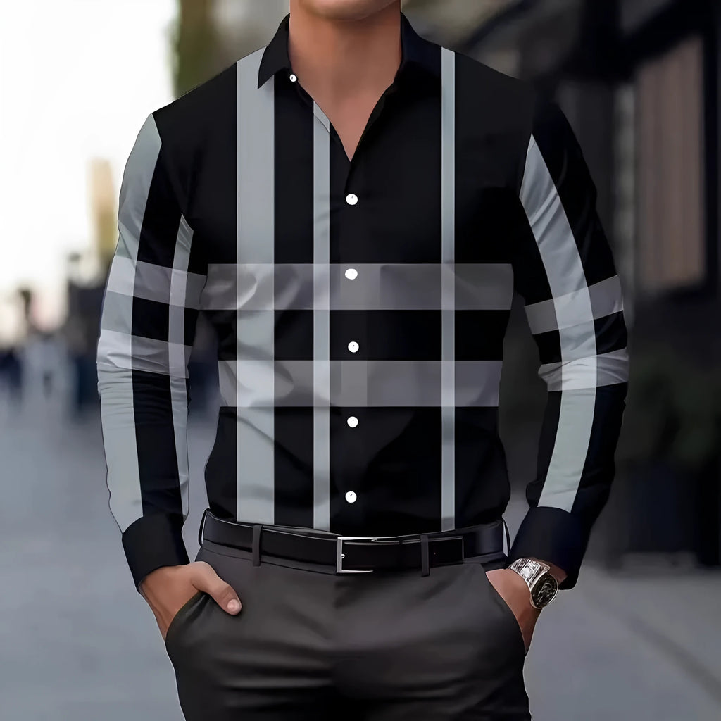 Men's striped long sleeve button-up shirt with lapel collar in multiple colour options