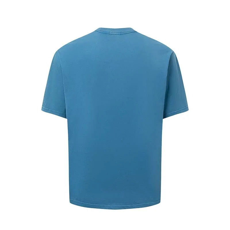 Men's blue American-style letter printed cotton blend T-shirt with round neck and loose fit design