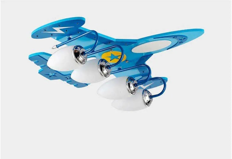 Children's wooden airplane cartoon ceiling light with rectangular glass shade and remote control
