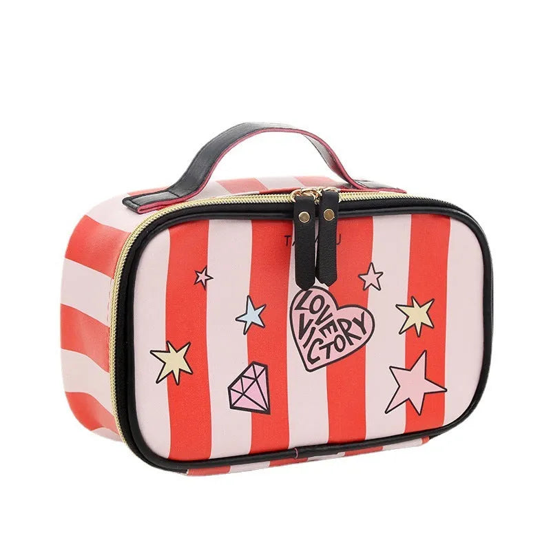 Portable PU leather toiletry bag with zipper closure and printed letter pattern, horizontal square shape for travel storage