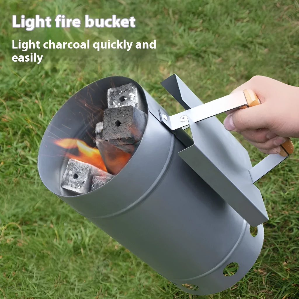 Zinc-iron alloy outdoor charcoal fire bucket with oven igniter.