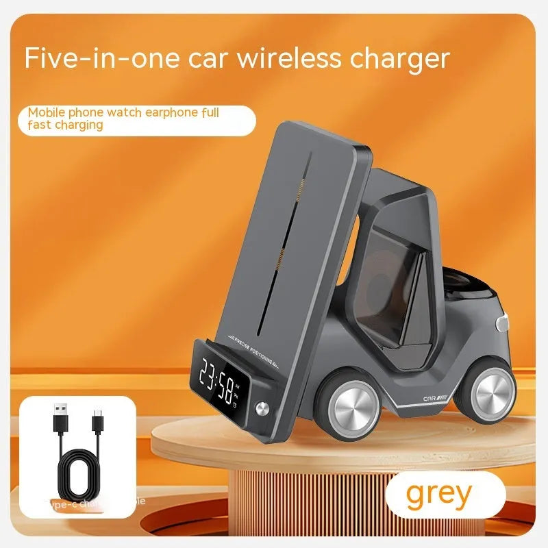 Grey wireless charging stand holding a smartphone at an angle, showing adjustable side arms and a USB-C port.