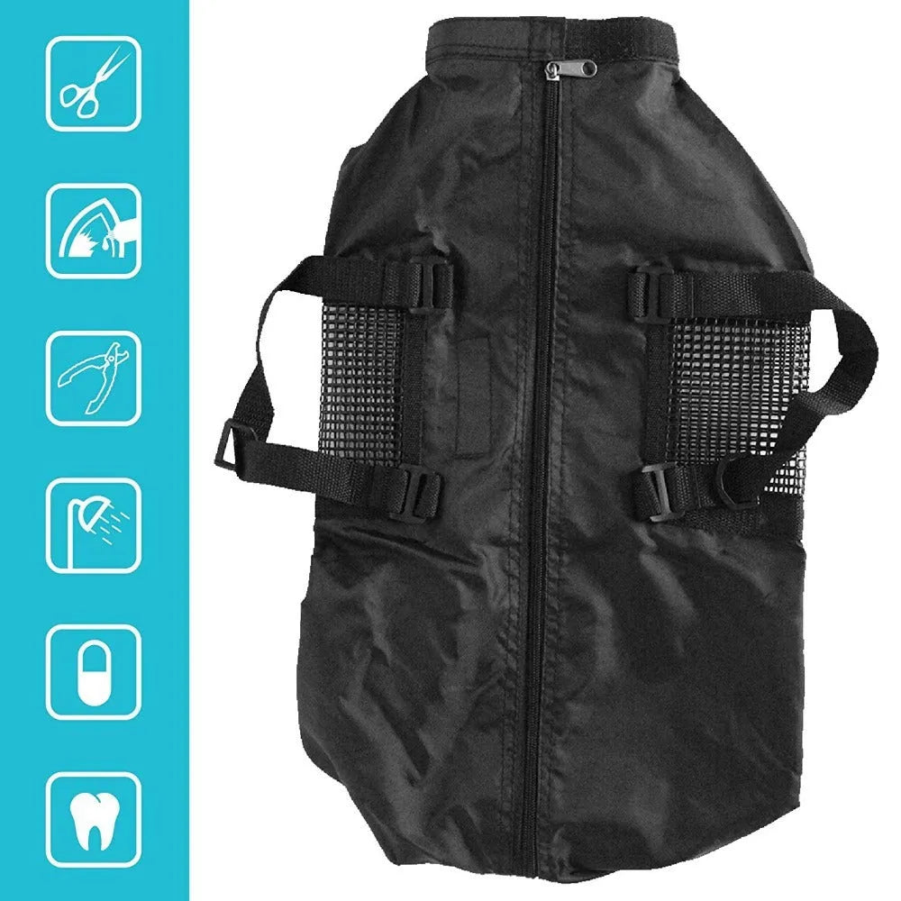 Black 420D Oxford fabric cat washing and medicine feeding bag, shown folded and unfolded.