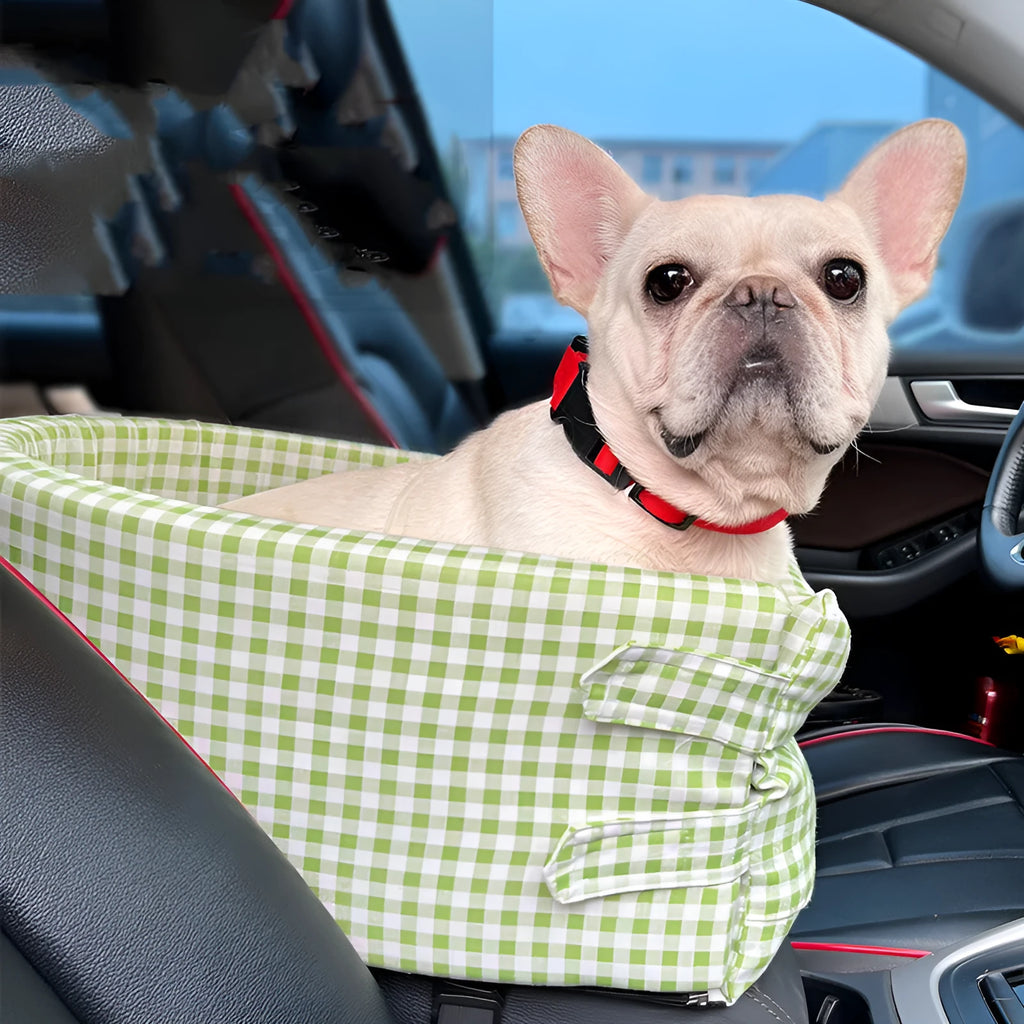 Plaid cloth dog kennel with PP cotton filling in pink and white, 42x22x20cm, for small dogs in car travel