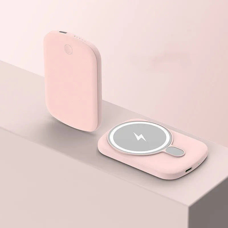 Magsafe magnetic wireless power bank in Barbie Pink colour showing compact design with creative styling