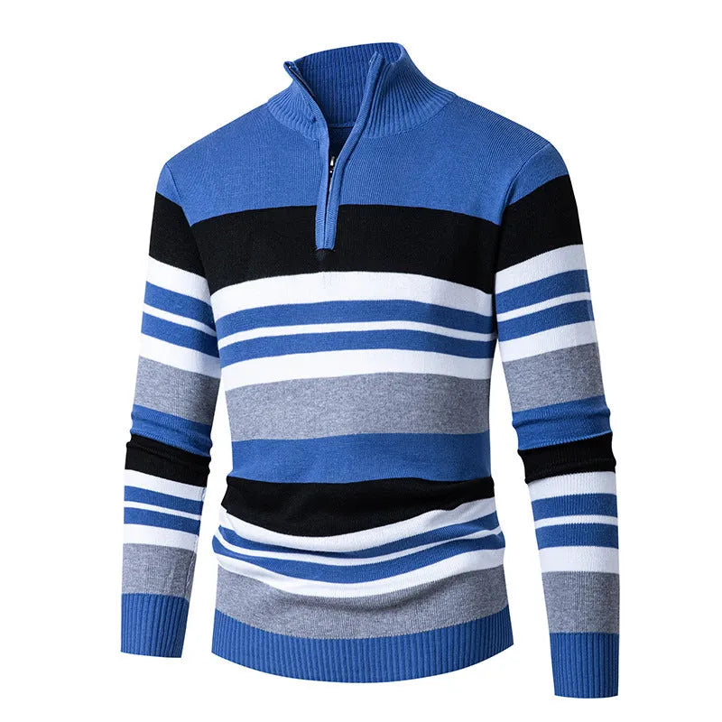 Casual men's long-sleeve half-turtleneck zip-up striped sweater in cotton blend, available in four colours