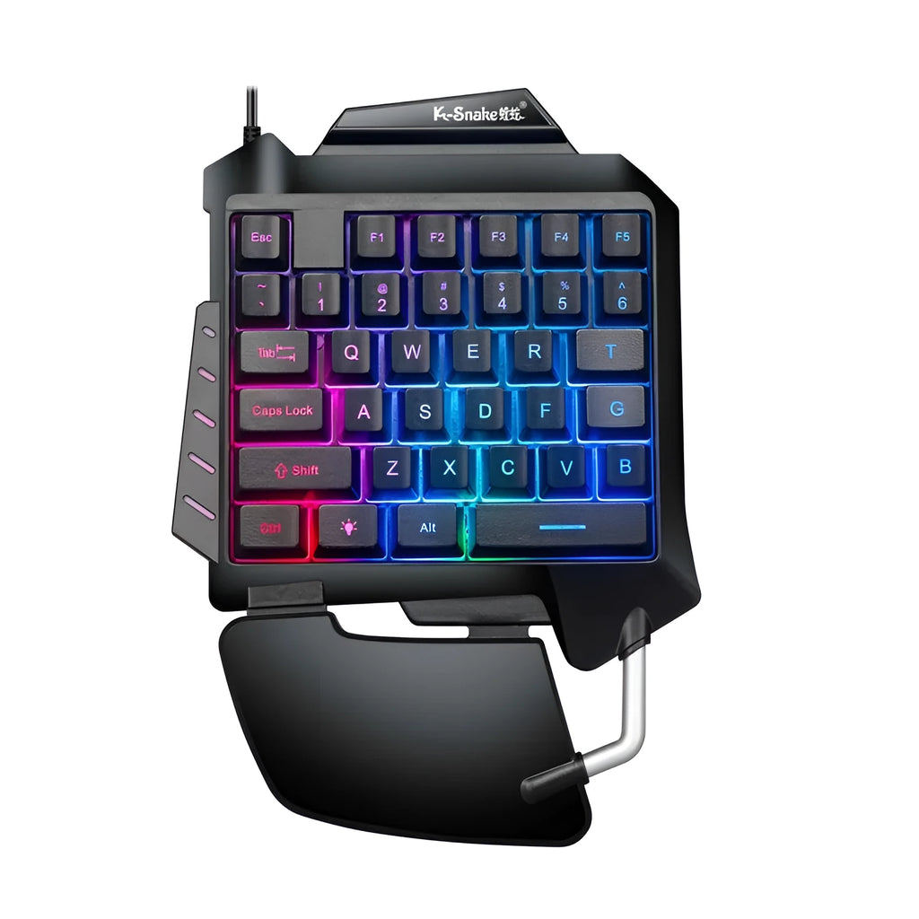 Black left-hand Throne gaming keyboard with wrist rest and USB connector for desktop PUBG gaming