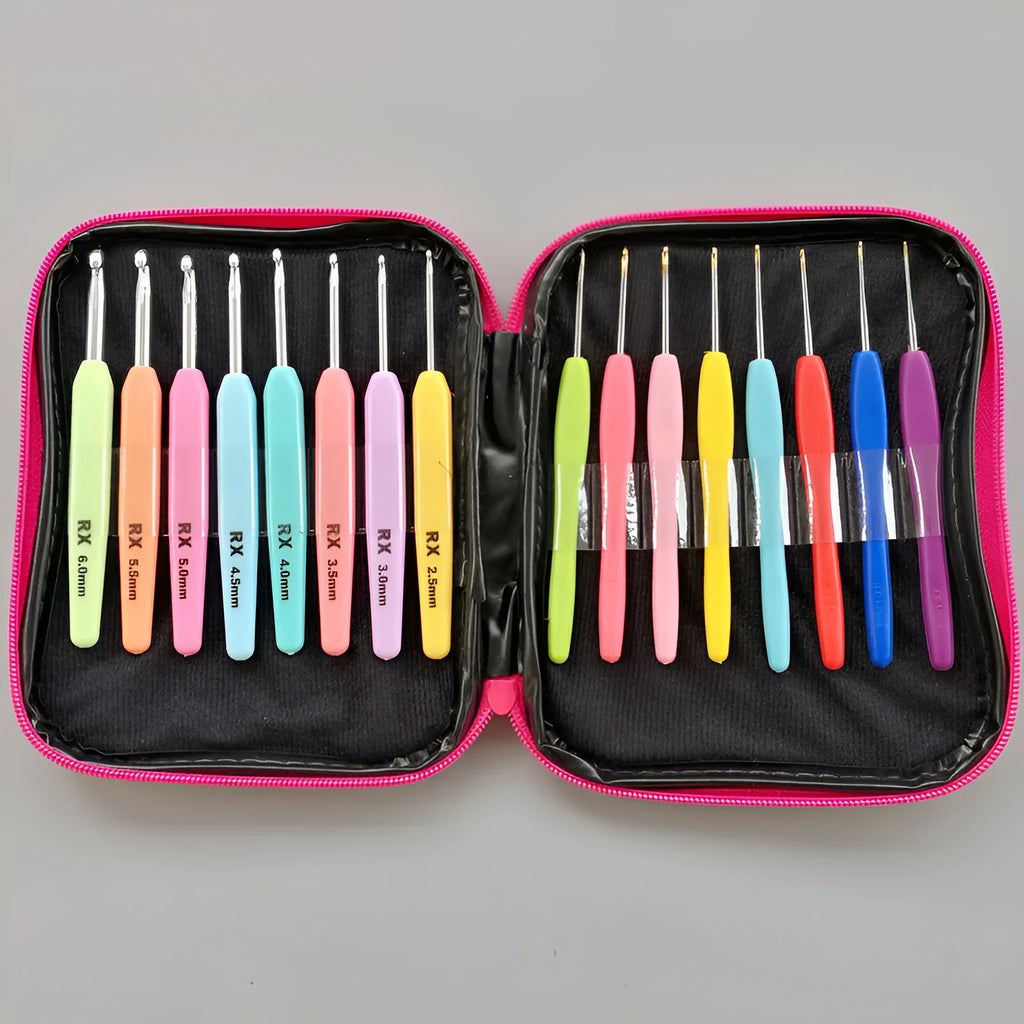 Complete set of 16 crochet hooks with soft and hard plastic handles in a PU storage bag.