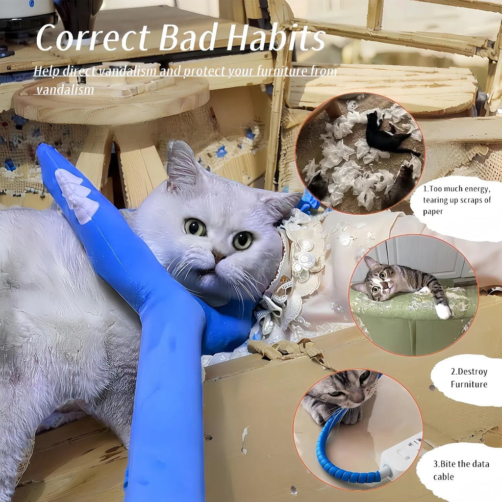 Blue plush cat wand toy with foam-filled head measuring 70cm length