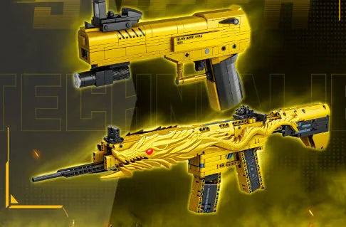 Golden Sand Eagle M416 rifle toy model made from small plastic building blocks, colour box packaging, for teenagers