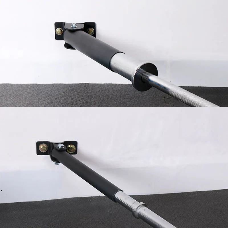 Wall-mounted steel pipe rack holding 25 barbell rods or cannon stand tubes