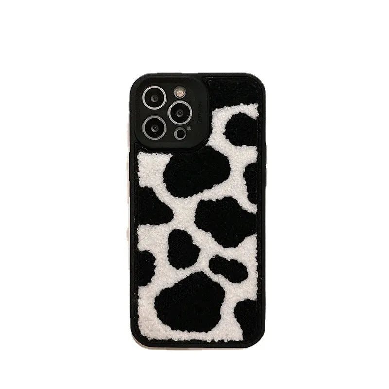 Towel embroidered black cow pattern plush back cover phone case for iPhone, Japanese Korean style