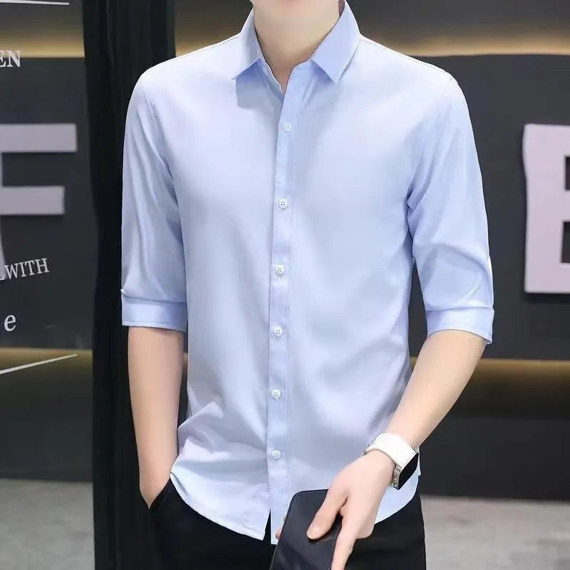 Men's slim-fit linen-blend half-sleeve shirt in light blue on a hanger.