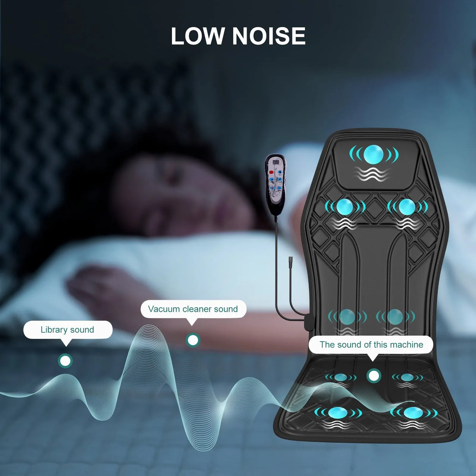 9-speed massage cushion with timer and heat on a black office chair, showing remote control and PU leather surface