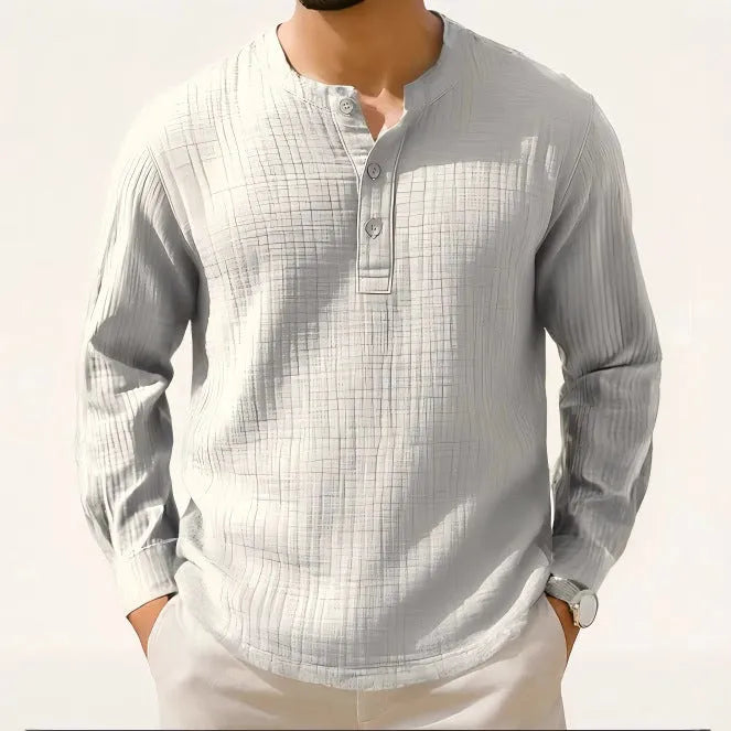 Slim fit long sleeve men's T-shirt in a linen blend fabric, shown in army green colour.