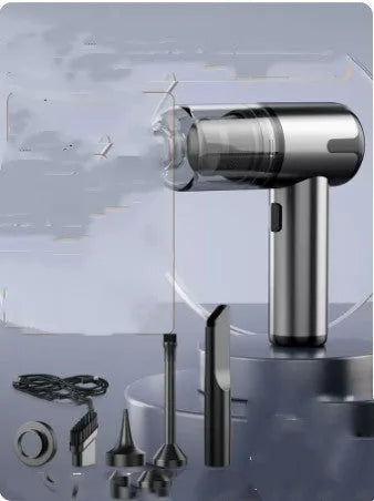 Cordless handheld car vacuum cleaner with attachments on a grey background