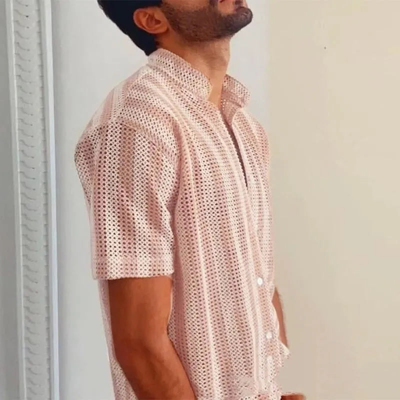 Men's pink waffle weave summer shirt with cardigan-style open front and short sleeves