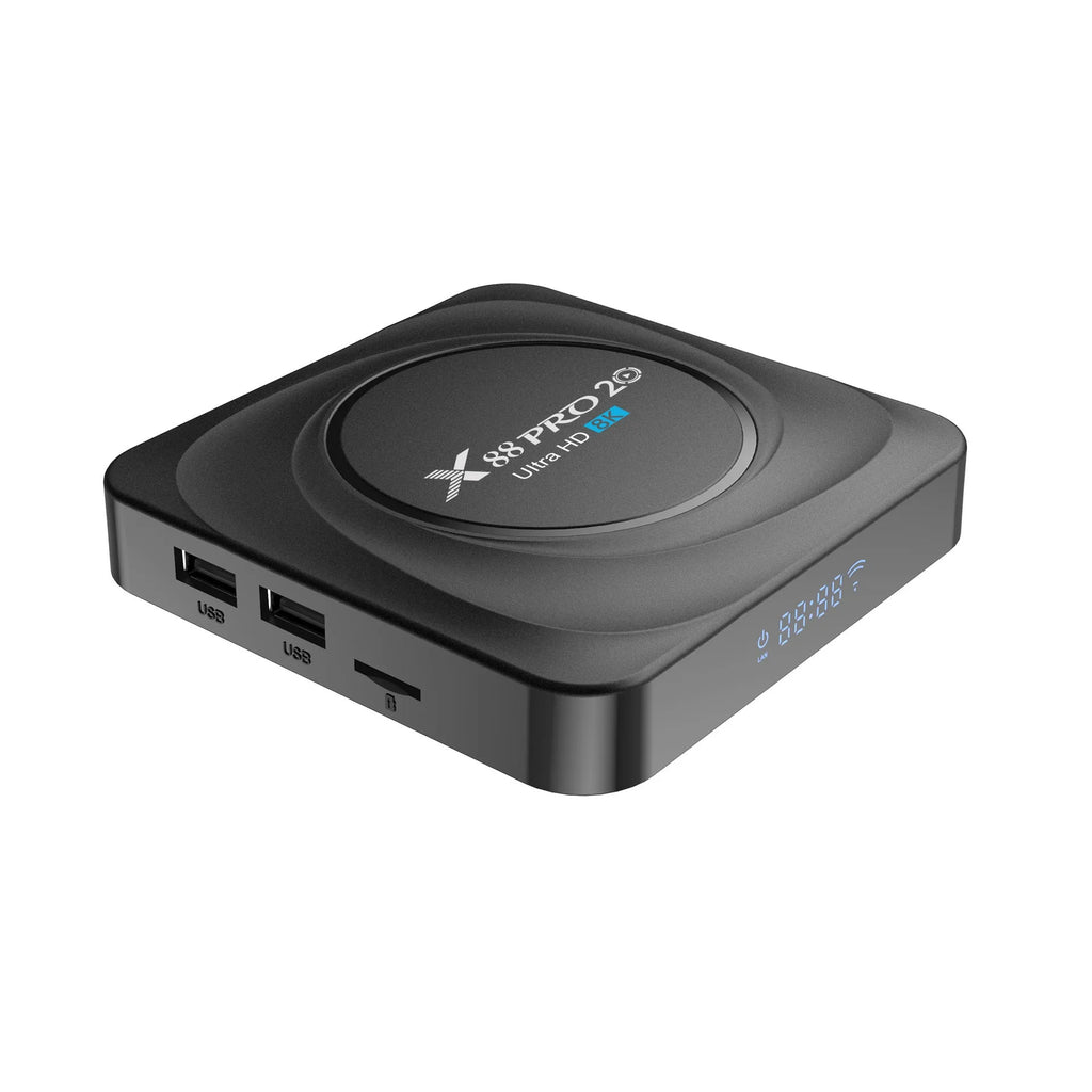 Set-top dual-band WiFi Bluetooth TV box with remote control and HDMI cable on table