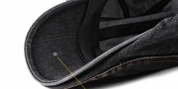 Fashion wash denim beret in black with flat-top crown and curly brim for unisex wear