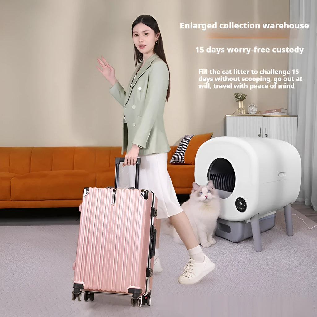 Automatic self-cleaning cat litter box with waste drawer, made from white ABS plastic.