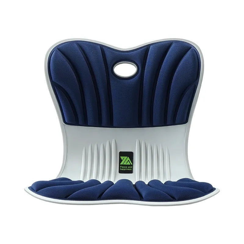 Grey ergonomic waist support and posture correction polyester seat cushion on an office chair.
