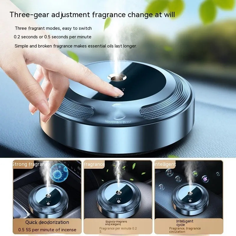 Compact zinc alloy car air freshener with automatic spray and vehicle logo design
