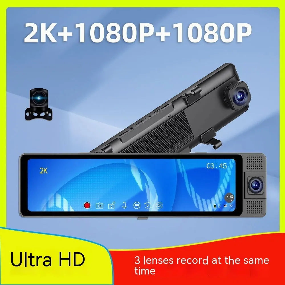 12-inch car dash cam system with touchscreen, triple-lens recording and reversing camera display
