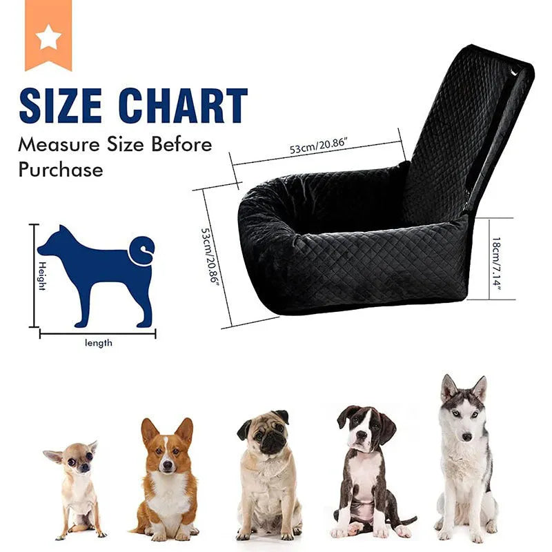 Black breathable pet car hanging bag with waterproof seat cushion for dog travel, compressed size 44x58x6cm