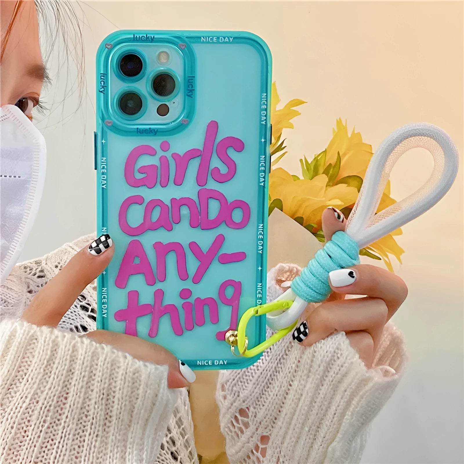 Graffiti personalised English lanyard phone case for iPhone in TPU with detachable strap