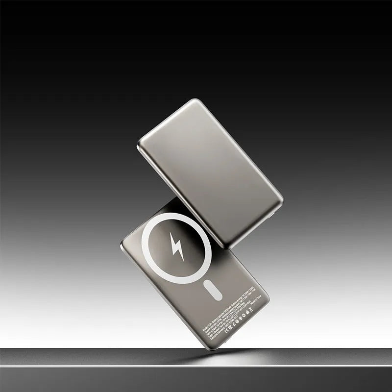 Gun gray magnetic wireless power bank with alloy shell showing ultra-thin 9mm profile and rectangular 103mm × 68.8mm dimensions
