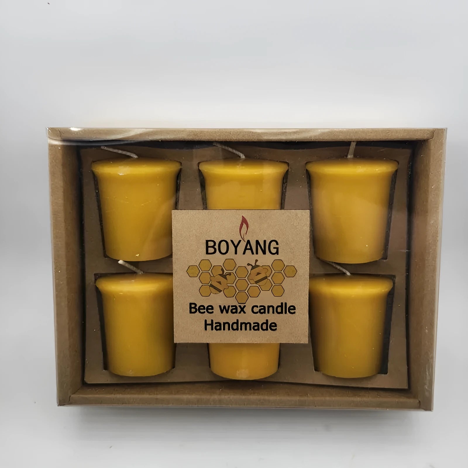 Six handmade beeswax and soy wax candles in cup shape, beeswax colour, 4.6cm x 5.2cm each, arranged on a surface