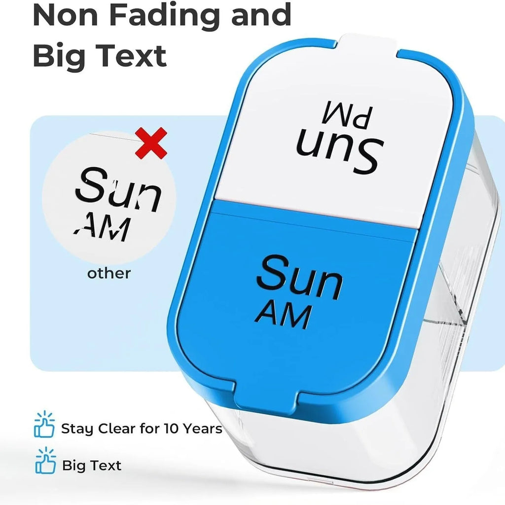 White and rainbow coloured portable pill box with 14 detachable compartments for medicine storage.