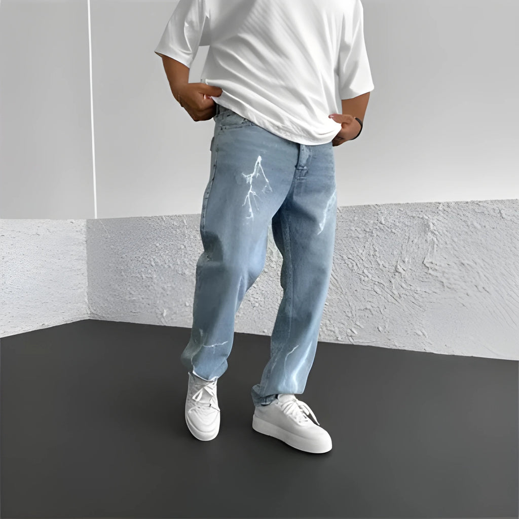 Men's blue straight-leg loose fit cotton denim jeans with mid waist design