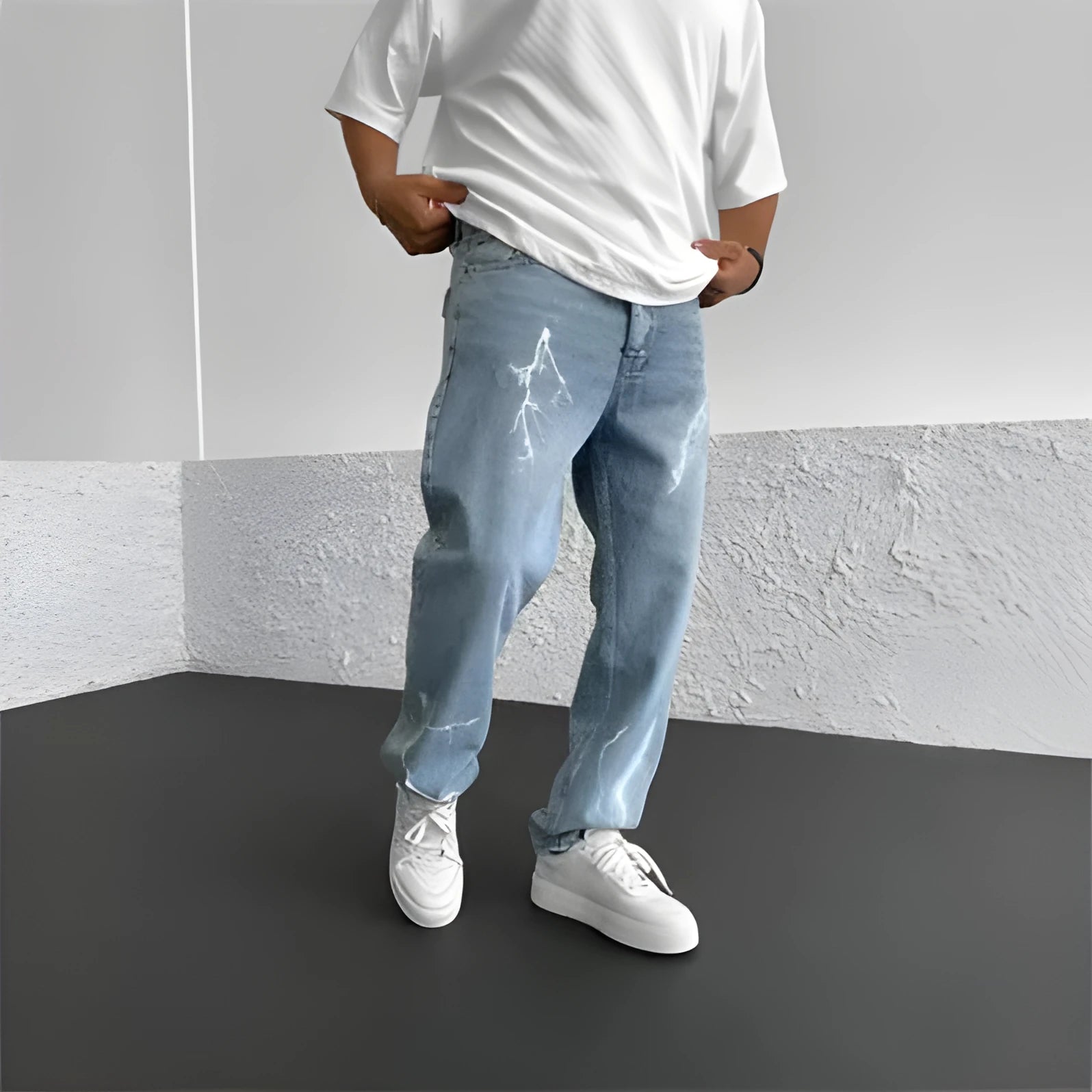 Men's blue straight-leg loose fit cotton denim jeans with mid waist design