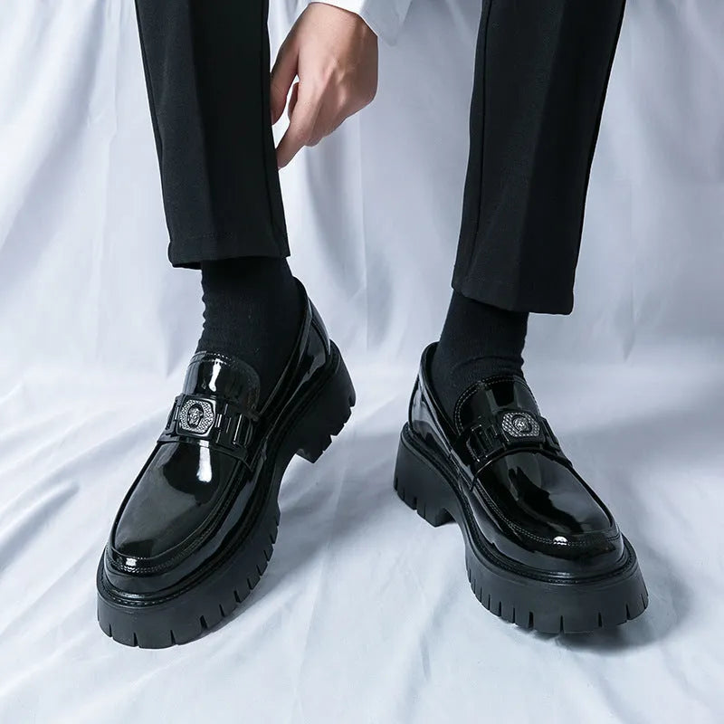 Men's glossy black platform loafers with hidden low heel