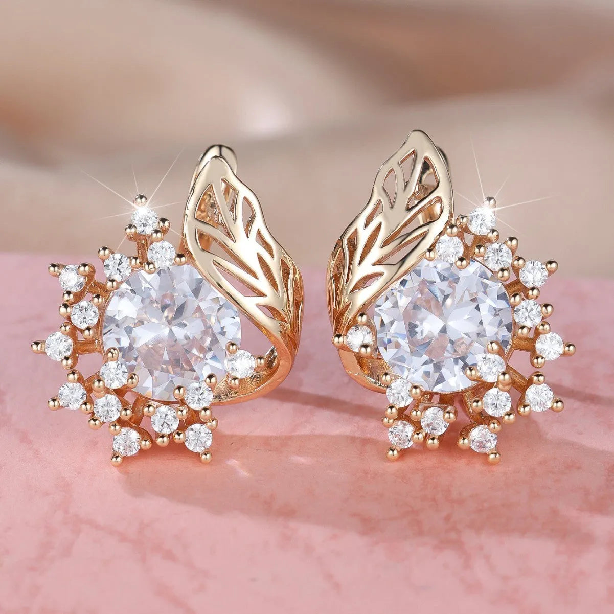 Round flower feather zircon earrings with champagne gold finish and coloured stone centre