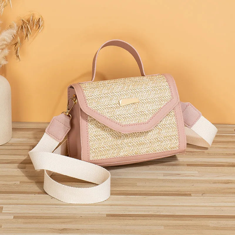Simple woven sequin decorative crossbody small square bag in straw, four colour options: white, pink, black, dark brown.