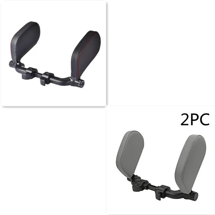 Car headrest neck pillow with memory foam padding, adjustable width and height, leather cover in black with red