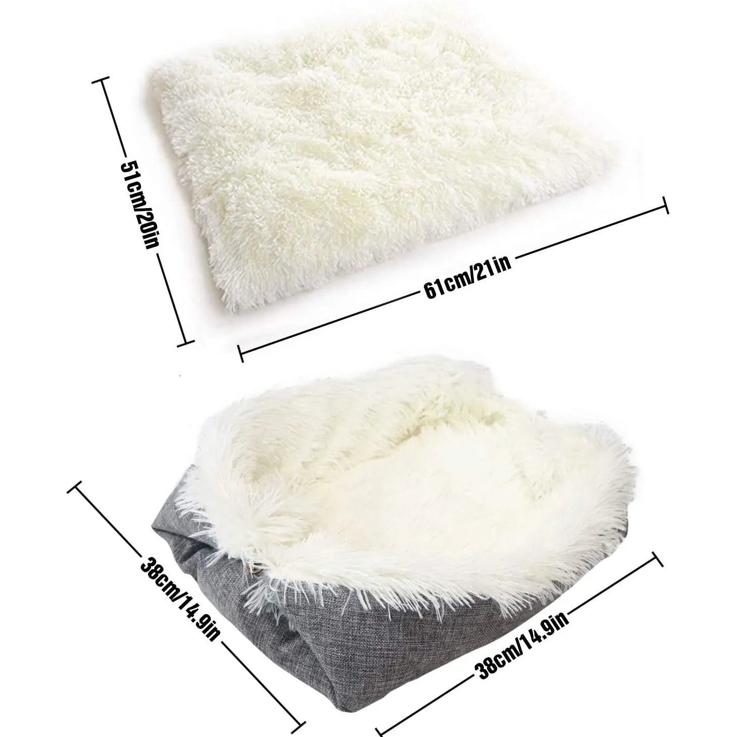 Grey pet blanket nest with long fluffy plush and black non-slip bottom for cats and dogs