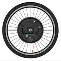 Black 26-inch bicycle front wheel with integrated electric hub motor for bike conversion