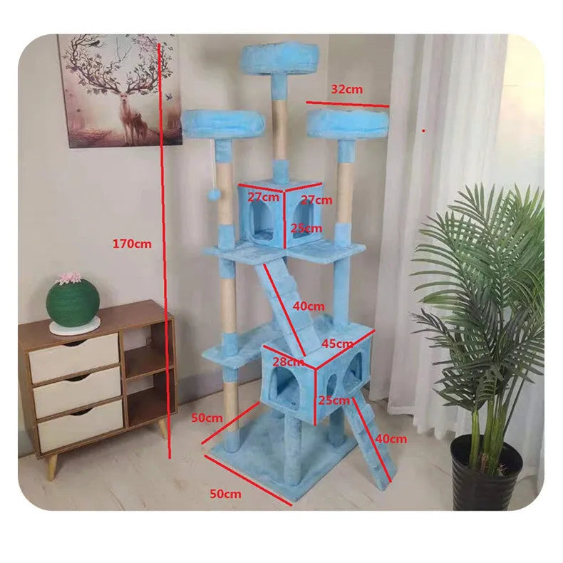 Large multi-layer cat climbing frame with plush fabric and jute rope scratching posts in beige colour