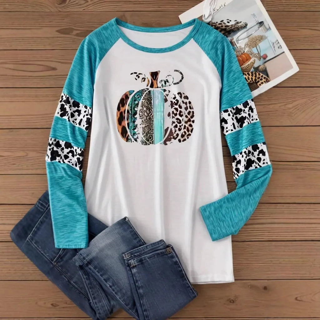 Sky blue Halloween T-shirt with 3D printed pumpkin design, long sleeves, regular fit