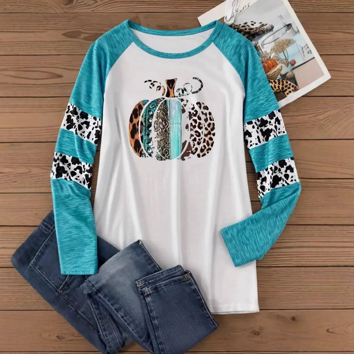 Sky blue Halloween T-shirt with 3D printed pumpkin design, long sleeves, regular fit