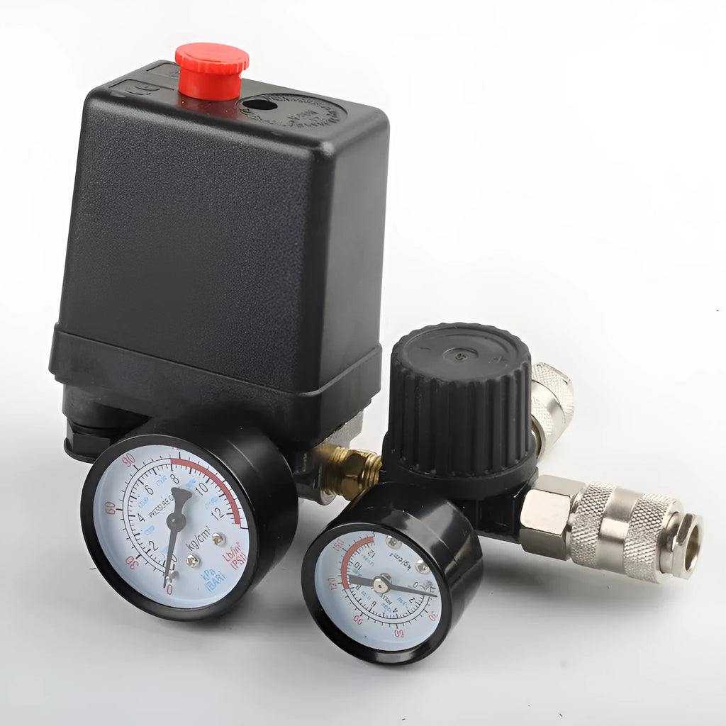 European-style air compressor pressure switch assembly showing connection ports and labelled switch box.