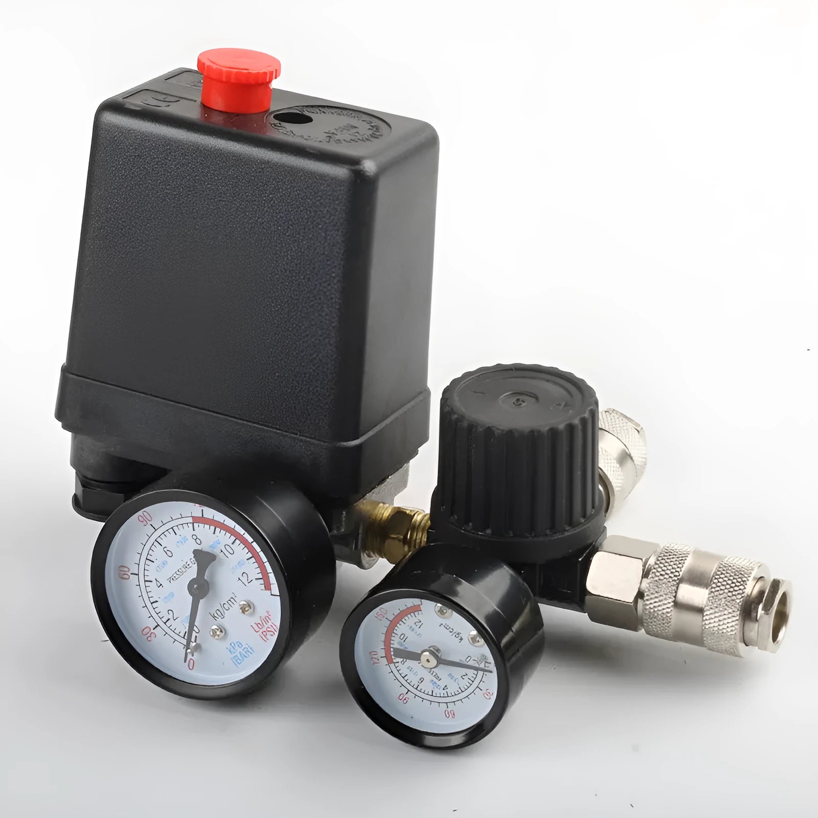 European-style air compressor pressure switch assembly showing connection ports and labelled switch box.