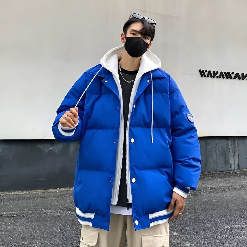 White duck down thickened warm couple coat in black, blue, and white, polyester main fabric, sizes M to 3XL