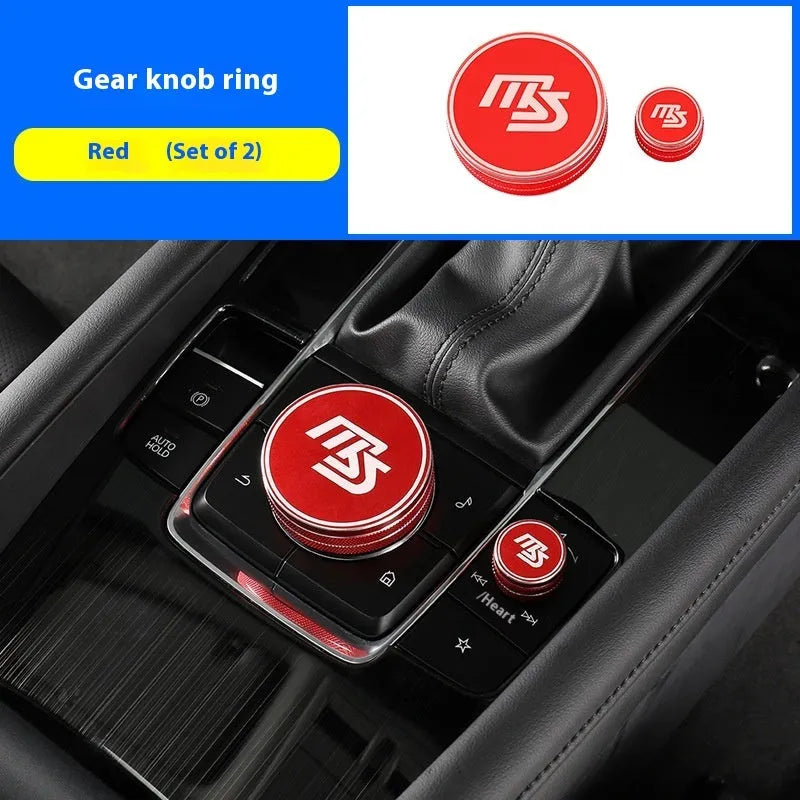 Red aluminium alloy decorative ring for car multimedia knob with MS logo on dashboard